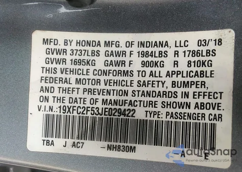 2018 Honda Civic Lx z USA, uszkodzony, nr VIN 19XFC2F53JE029422